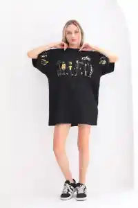 Kadın Kısa Kol Yazlık Tişört Bisiklet Yaka Baskılı Oversize T-Shirt - Siyah