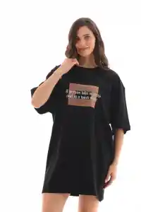 Kadın Baskılı T-Shirt Kısa Kol Bisiklet Yaka Oversize Rahat Kalıp Tişört - Siyah