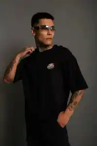 Erkek Kısa Kol Tişört Bisiklet Yaka KURU KAFA Baskılı T-Shirt - Siyah