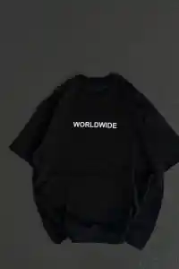 Kadın Baskılı T-Shirt Kısa Kol Bisiklet Yaka Oversize Rahat Kalıp Günlük Tişört   - Siyah