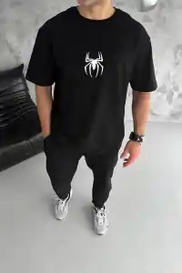 Erkek Kısa Kol Tişört Bisiklet Yaka ÖRÜMCEK Baskılı Oversize T-Shirt - Siyah