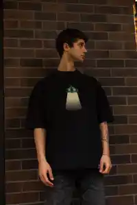 Erkek Kısa Kol Yazlık Tişört Bisiklet Yaka Baskılı Oversize T-Shirt - Siyah