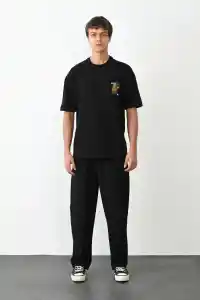 Erkek Kısa Kol Yazlık Tişört Bisiklet Yaka Baskılı Oversize T-Shirt - Siyah