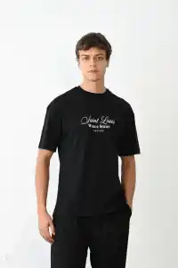 Erkek Kısa Kol Yazlık Tişört Bisiklet Yaka Baskılı Oversize T-Shirt - Siyah