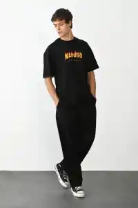 Erkek Baskılı T-Shirt Kısa Kol Bisiklet Yaka Regular Fit Rahat Kalıp Günlük Tişört - Siyah