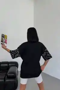 Kadın Yıldırım şimşek Baskılı T-Shirt Kısa Kol Bisiklet Yaka Oversize Tişört - Siyah