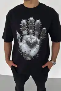 Erkek Baskılı T-Shirt Kısa Kol Bisiklet Yaka Regular Fit Rahat Kalıp Günlük Tişört - Siyah