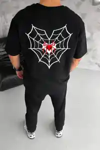 Erkek Kısa Kol Tişört Bisiklet Yaka ÖRÜMCEK Baskılı Oversize T-Shirt - Siyah