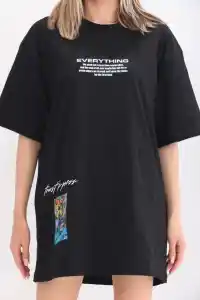 kadın  Bisiklet Yaka Baskılı Oversize T-Shirt - Siyah