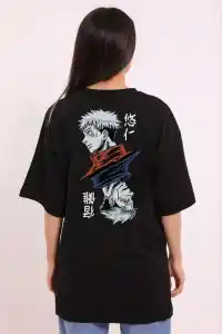 Kadın Kısa Kol Yazlık Tişört Bisiklet Yaka Baskılı Oversize T-Shirt - Siyah