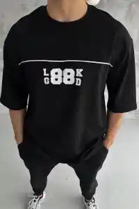Erkek Kısa Kol Yazlık Tişört Bisiklet Yaka Baskılı Oversize T-Shirt - Siyah