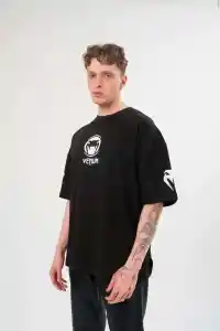 Erkek Kısa Kol Tişört Göğüs ve Kol Bisiklet Yaka Baskılı T-Shirt - Siyah