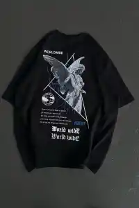 Kadın Baskılı T-Shirt Kısa Kol Bisiklet Yaka Oversize Rahat Kalıp Günlük Tişört   - Siyah