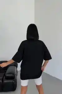 Kadın Baskılı T-Shirt Kısa Kol Bisiklet Yaka Oversize Tişört - Siyah
