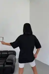 Kadın Kısa Kol Yazlık Tişört Bisiklet Yaka Los Angeles Baskılı T-Shirt - Siyah