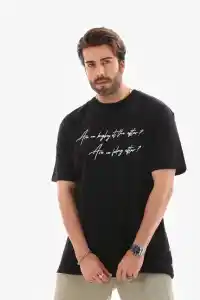 Erkek Kısa Kol Yazlık Tişört Bisiklet Yaka Baskılı Oversize T-Shirt - Siyah