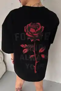 kadın Bisiklet Yaka Baskılı Oversize  Kısa kol T-Shirt - Siyah