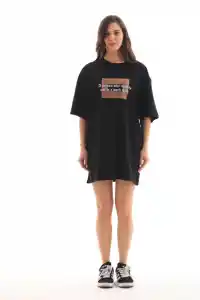 Kadın Baskılı T-Shirt Kısa Kol Bisiklet Yaka Oversize Rahat Kalıp Tişört - Siyah