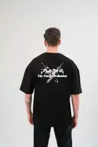 Erkek Kısa Kol Tişört Bisiklet Yaka YONCA Baskılı Oversize T-Shirt - Siyah