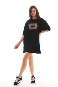 Kadın Baskılı T-Shirt Kısa Kol Bisiklet Yaka Oversize Rahat Kalıp Tişört - Siyah