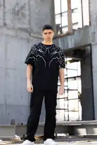 Erkek Yıldırım şimşek Baskılı T-Shirt Kısa Kol Bisiklet Yaka Tişört - Siyah