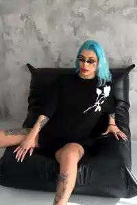 kadın Bisiklet Yaka Baskılı Oversize  Kısa kol T-Shirt - Siyah