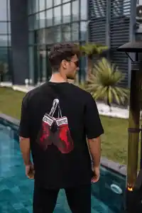 Erkek Kısa Kol Tişört Bisiklet Yaka Box Eldiven Baskılı T-Shirt -  Siyah