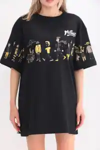 Kadın Kısa Kol Yazlık Tişört Bisiklet Yaka Baskılı Oversize T-Shirt - Siyah