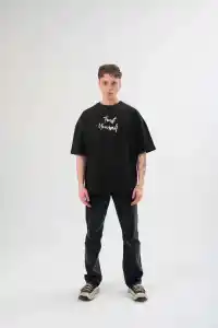 Erkek Kısa Kol Yazlık Tişört Bisiklet Yaka Baskılı Oversize T-Shirt -  Siyah