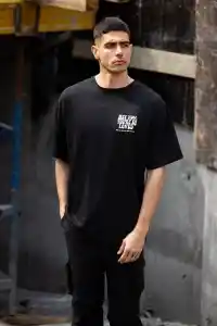 Erkek Kısa Kol Yazlık Tişört Bisiklet Yaka Baskılı Oversize T-Shirt - Siyah