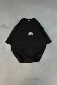 Erkek Kısa Kol Yazlık Tişört Bisiklet Yaka Baskılı Oversize T-Shirt - Siyah