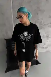 kadın Bisiklet Yaka Baskılı Oversize  Kısa kol T-Shirt - Siyah