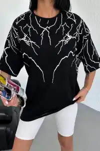 Kadın Yıldırım şimşek Baskılı T-Shirt Kısa Kol Bisiklet Yaka Oversize Tişört - Siyah