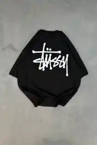 Erkek Kısa Kol Yazlık Tişört Bisiklet Yaka Baskılı Oversize T-Shirt - Siyah