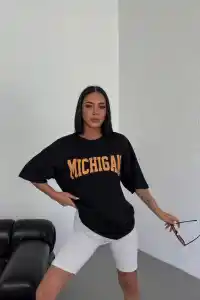 Kadın Baskılı T-Shirt Kısa Kol Bisiklet Yaka Oversize Tişört - Siyah