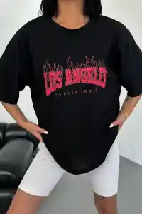 Kadın Kısa Kol Yazlık Tişört Bisiklet Yaka Los Angeles Baskılı T-Shirt - Siyah