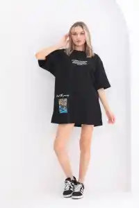 kadın  Bisiklet Yaka Baskılı Oversize T-Shirt - Siyah
