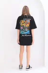 kadın  Bisiklet Yaka Baskılı Oversize T-Shirt - Siyah