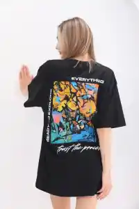 kadın  Bisiklet Yaka Baskılı Oversize T-Shirt - Siyah
