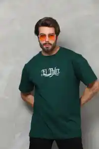 Erkek Kısa Kol Yazlık Tişört Bisiklet Yaka Baskılı Oversize T-Shirt - Yeşil