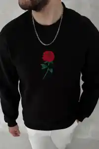 ERKEK 3 iplik Pamuklu Bisiklet Yaka Ön Ve Arka Baskılı SweatShirt - Siyah