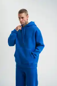 ERKEK 3 İplik Oversize Kapşonlu Basic SweatShirt Hoodie - Mavi