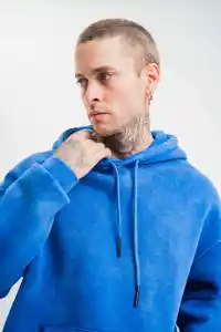 ERKEK 3 İplik Pamuklu Oversize Kapüşonlu Yıkamalı Hoodie SweatShirt - Mavi