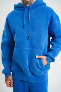 ERKEK 3 İplik Pamuklu Oversize Kapüşonlu Yıkamalı Hoodie SweatShirt - Mavi