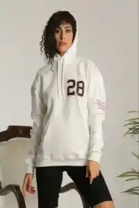 Kadın Oversize Kapüşonlu Cepli Baskılı 3 İplik Pamuklu Hoodie Sweatshirt - Beyaz