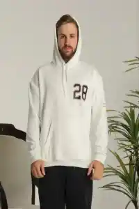 Erkek 3 İplik Pamuklu Kapüşonlu Baskılı Cepli Oversize Sweatshirt Hoodie - Beyaz