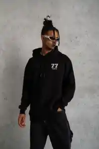 Erkek 3 İplik Pamuklu Kapüşonlu Baskılı Cepli Oversize Sweatshirt Hoodie - Siyah