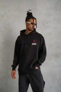 Erkek 3 İplik Pamuklu Kapüşonlu Baskılı Cepli Oversize Sweatshirt Hoodie - Siyah