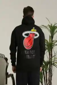 Erkek 3 İplik Pamuklu Kapüşonlu Baskılı Cepli Oversize Sweatshirt Hoodie - Siyah