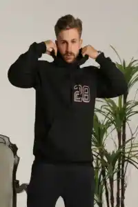Erkek 3 İplik Pamuklu Kapüşonlu Baskılı Cepli Oversize Sweatshirt Hoodie - Siyah